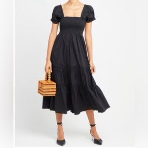 Anthropologie  OPT Black Smocked Puff Sleeve Cutout Midi Dress Large